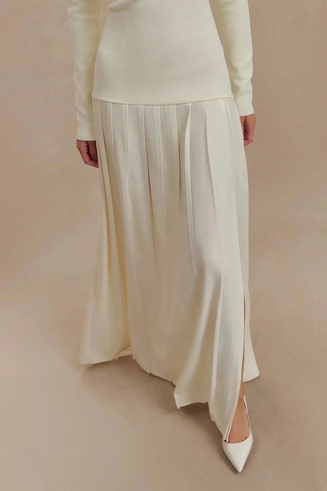Alba | Elegant Off - Shoulder Long White Dress with Pleated Skirt - White - 5