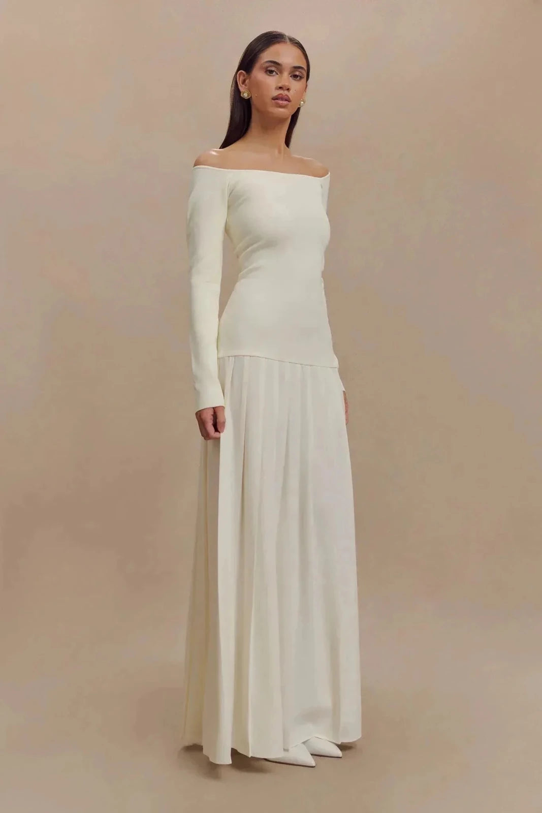 Alba | Elegant Off - Shoulder Long White Dress with Pleated Skirt - White - 3