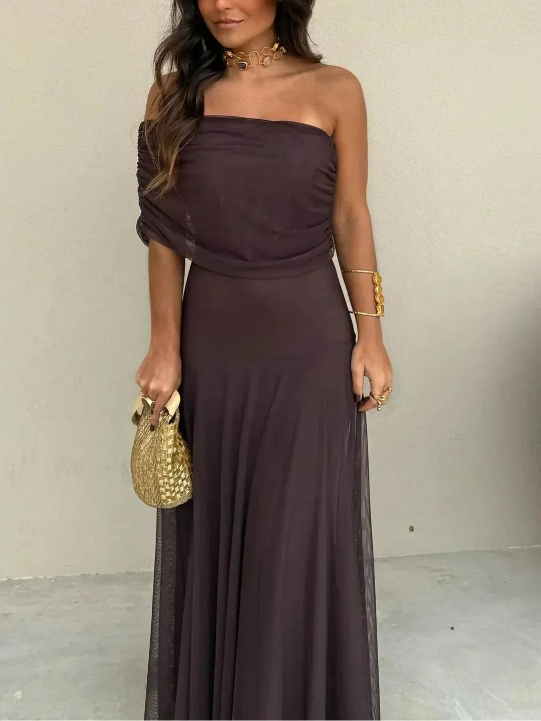 Brown Women's Brown Off Shoulder Maxi Dress — June Ruched Elegant - Front Detail