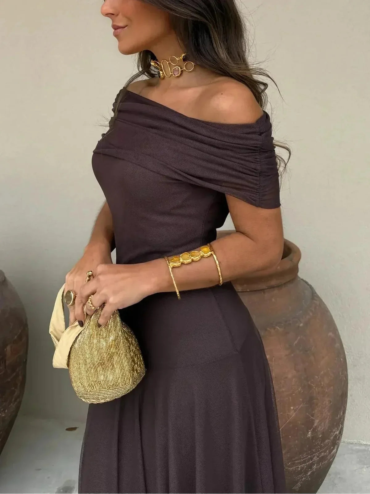 Brown Women's Brown Off Shoulder Maxi Dress — June Ruched Elegant - Seated Lifestyle