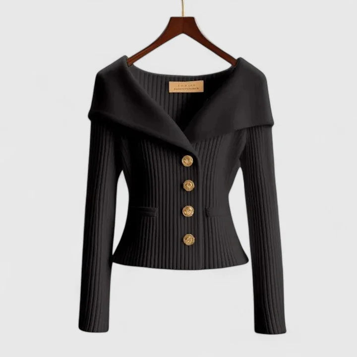 Black Women's Off-Shoulder Sweater — Lexi Ribbed Button-Front Fitted - Front Studio