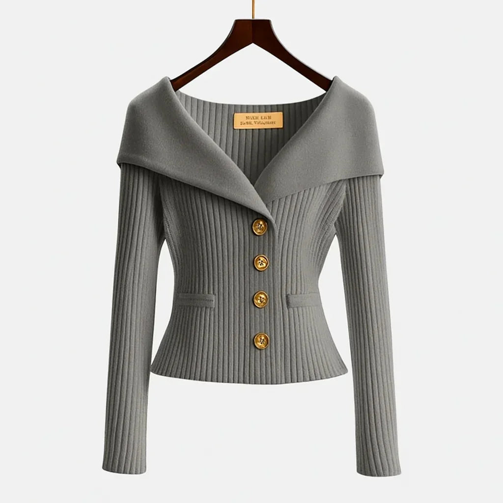 Gray Women's Off-Shoulder Sweater — Lexi Ribbed Button-Front Fitted - Front Display