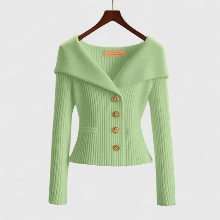 Green Women's Off-Shoulder Sweater — Lexi Ribbed Button-Front Fitted - Front Lifestyle
