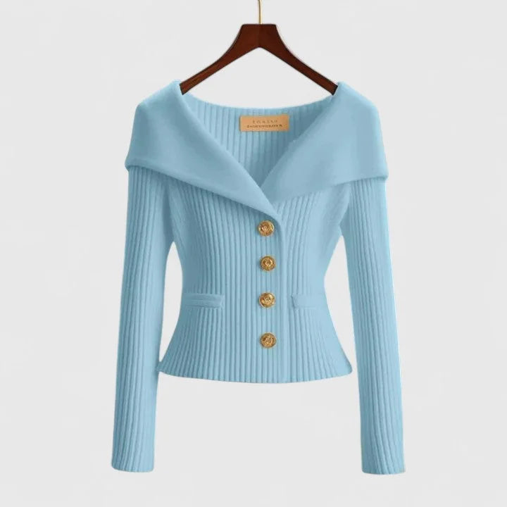 Light Blue Women's Off-Shoulder Sweater — Lexi Ribbed Button-Front Fitted - Front Worn
