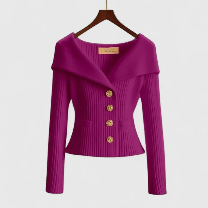 Purple Women's Off-Shoulder Sweater — Lexi Ribbed Button-Front Fitted - Front Standing