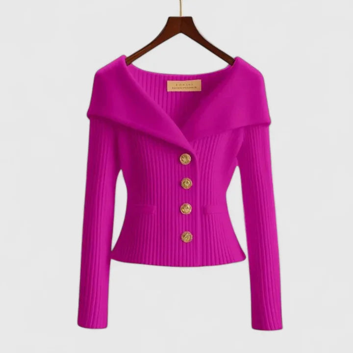 Purple Women's Off-Shoulder Sweater — Lexi Ribbed Button-Front Fitted - Model Pose