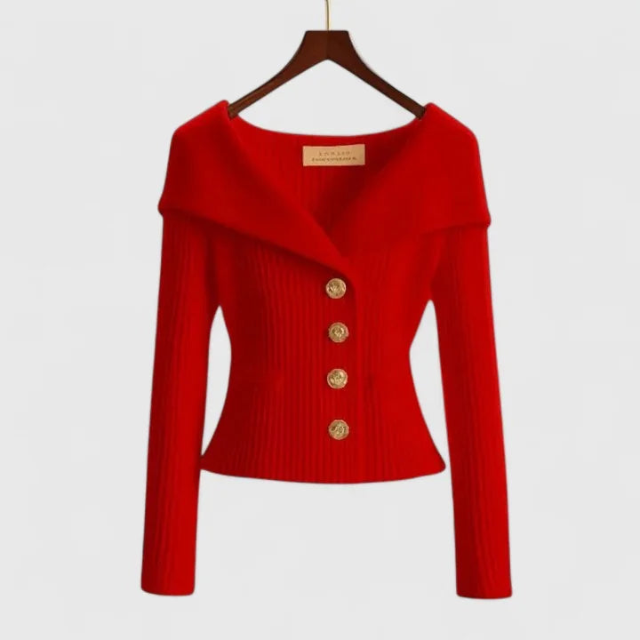 Red Women's Off-Shoulder Sweater — Lexi Ribbed Button-Front Fitted - Front Pose