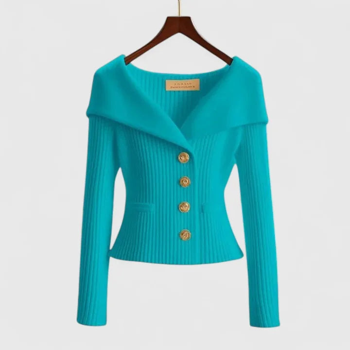 Turquoise Women's Off-Shoulder Sweater — Lexi Ribbed Button-Front Fitted - Studio Full