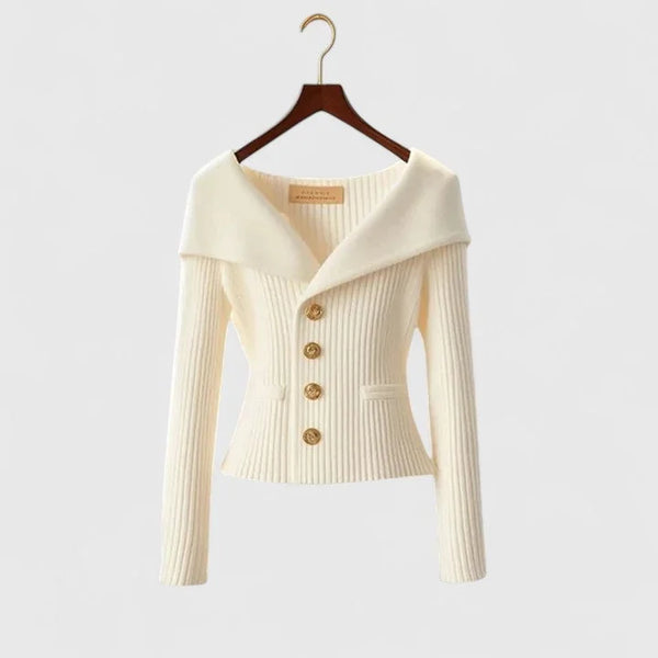 White Women's Off-Shoulder Sweater — Lexi Ribbed Button-Front Fitted - Front Full
