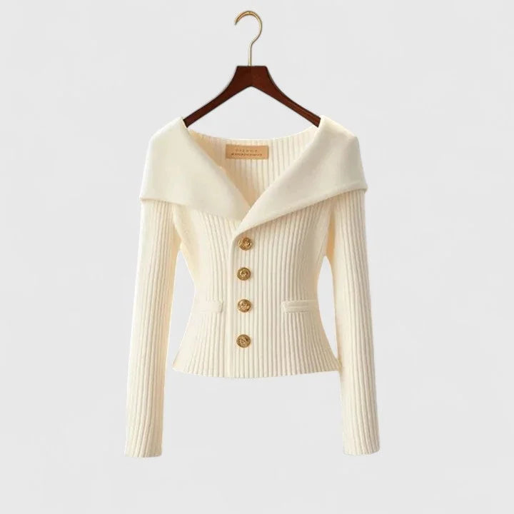 White Women's Off-Shoulder Sweater — Lexi Ribbed Button-Front Fitted - Front Full