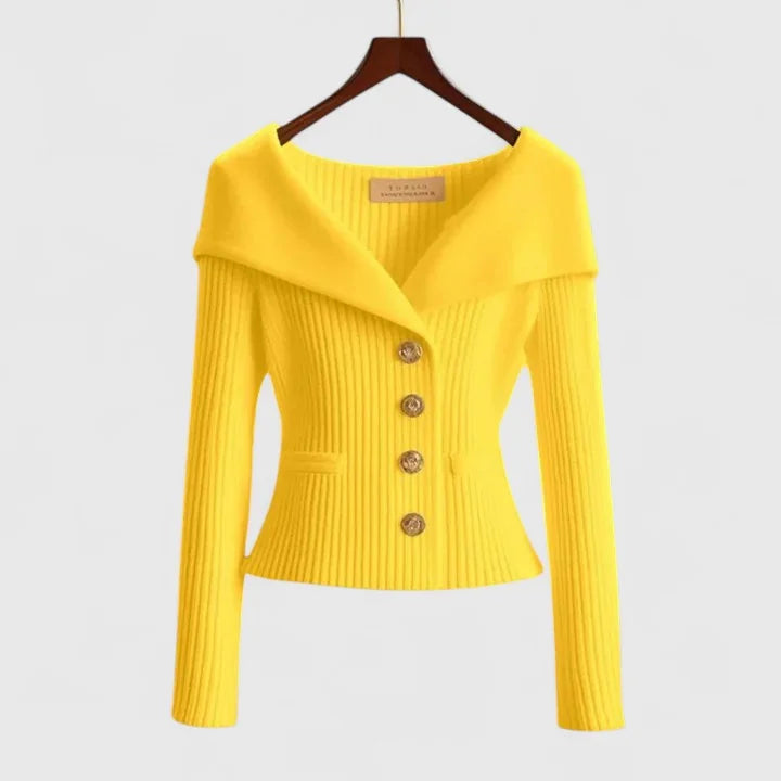 Yellow Women's Off-Shoulder Sweater — Lexi Ribbed Button-Front Fitted - Front Model