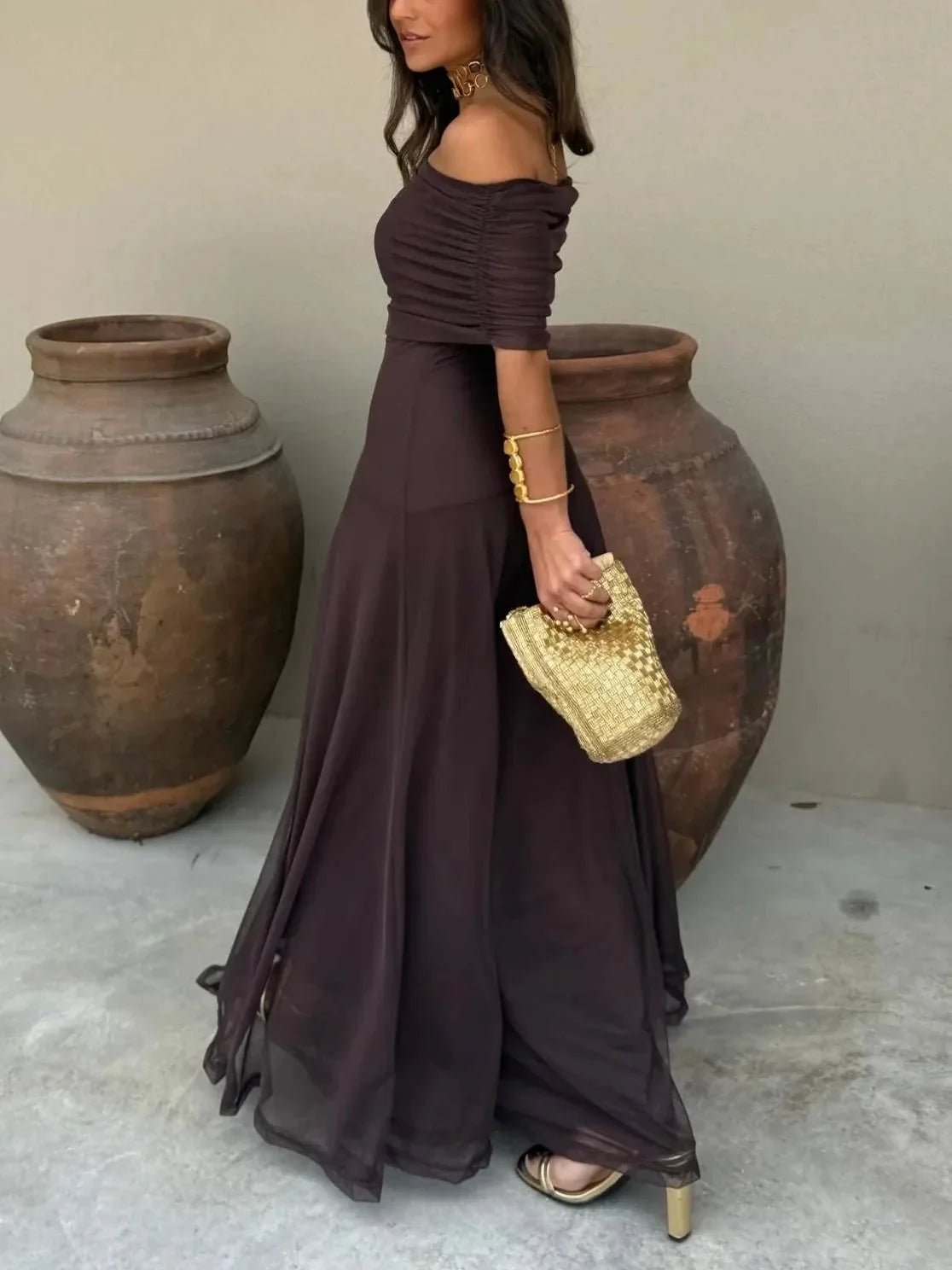 Brown Women's Off-Shoulder Ruched Shirt Dress — Fiona Maxi Evening Formal - Back Pose