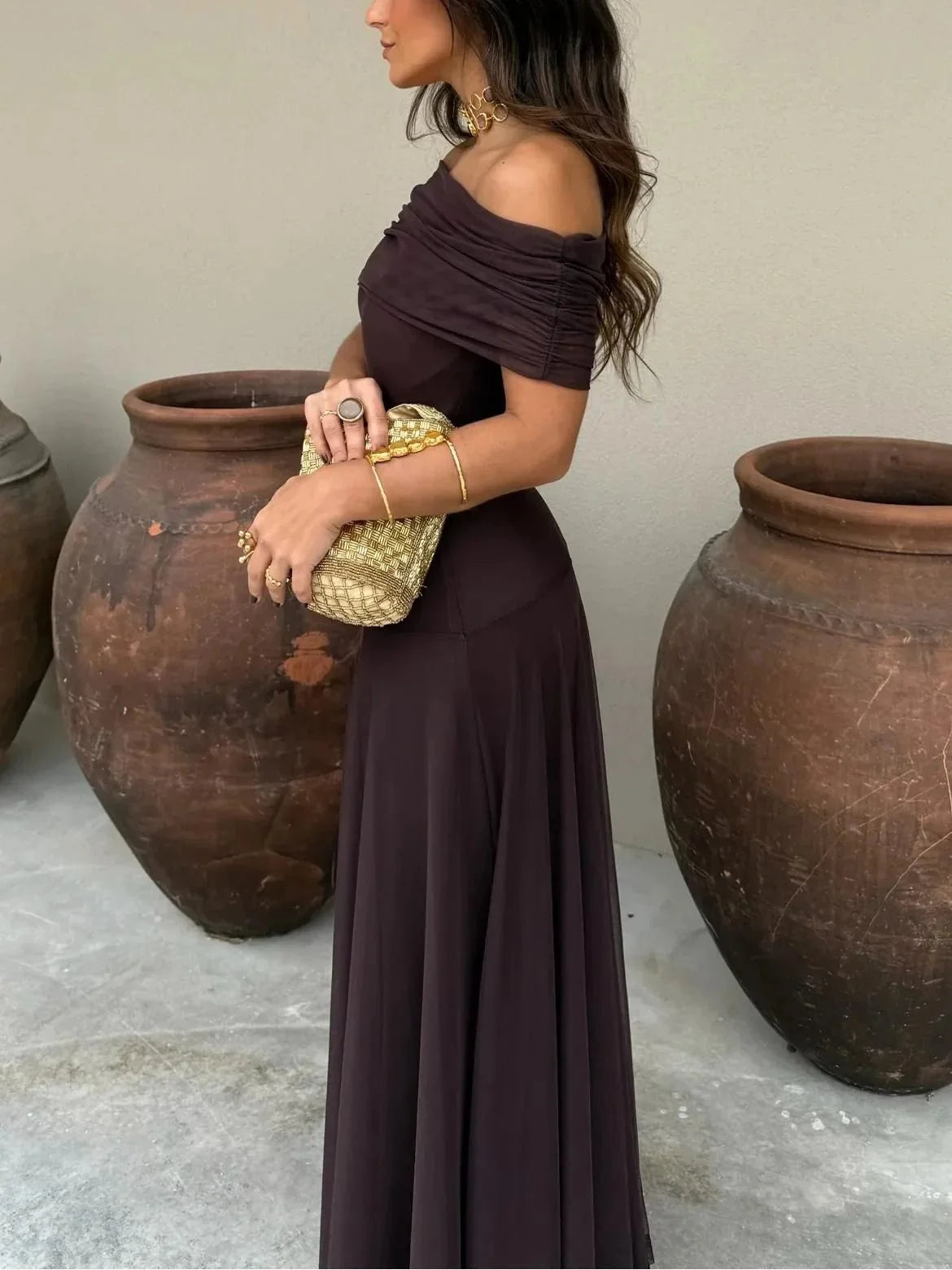 Brown Women's Off-Shoulder Ruched Shirt Dress — Fiona Maxi Evening Formal - Three Quarter Pose