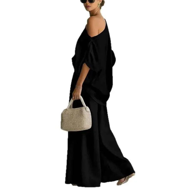 Black Women's Off-Shoulder Set with Top and Pants — Lottie Belted Relaxed Fit - Side Pose