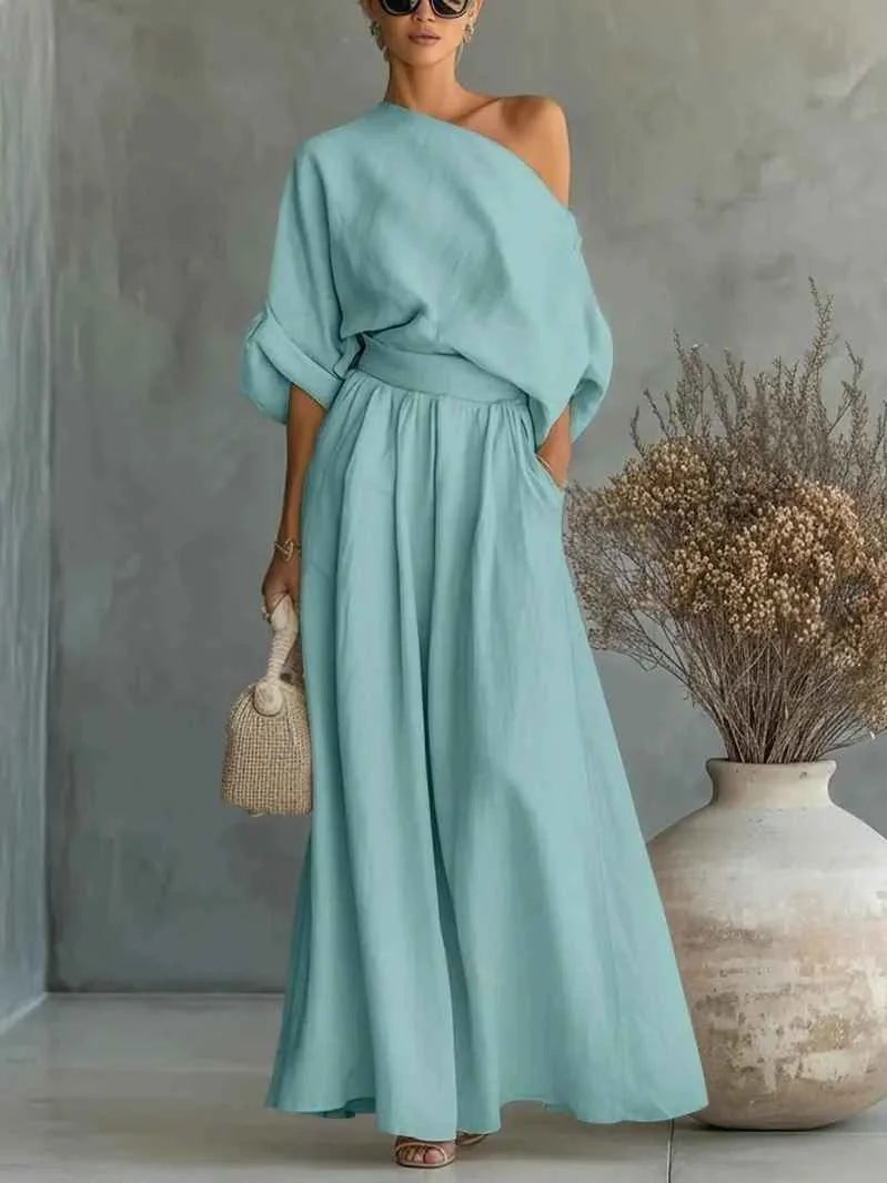 Blue Women's Off-Shoulder Set with Top and Pants — Lottie Belted Relaxed Fit - Front Full