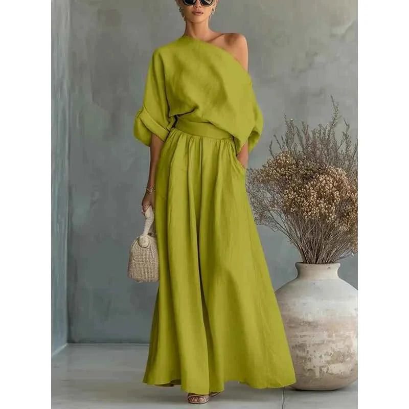 Green Women's Off-Shoulder Set with Top and Pants — Lottie Belted Relaxed Fit - Front Full