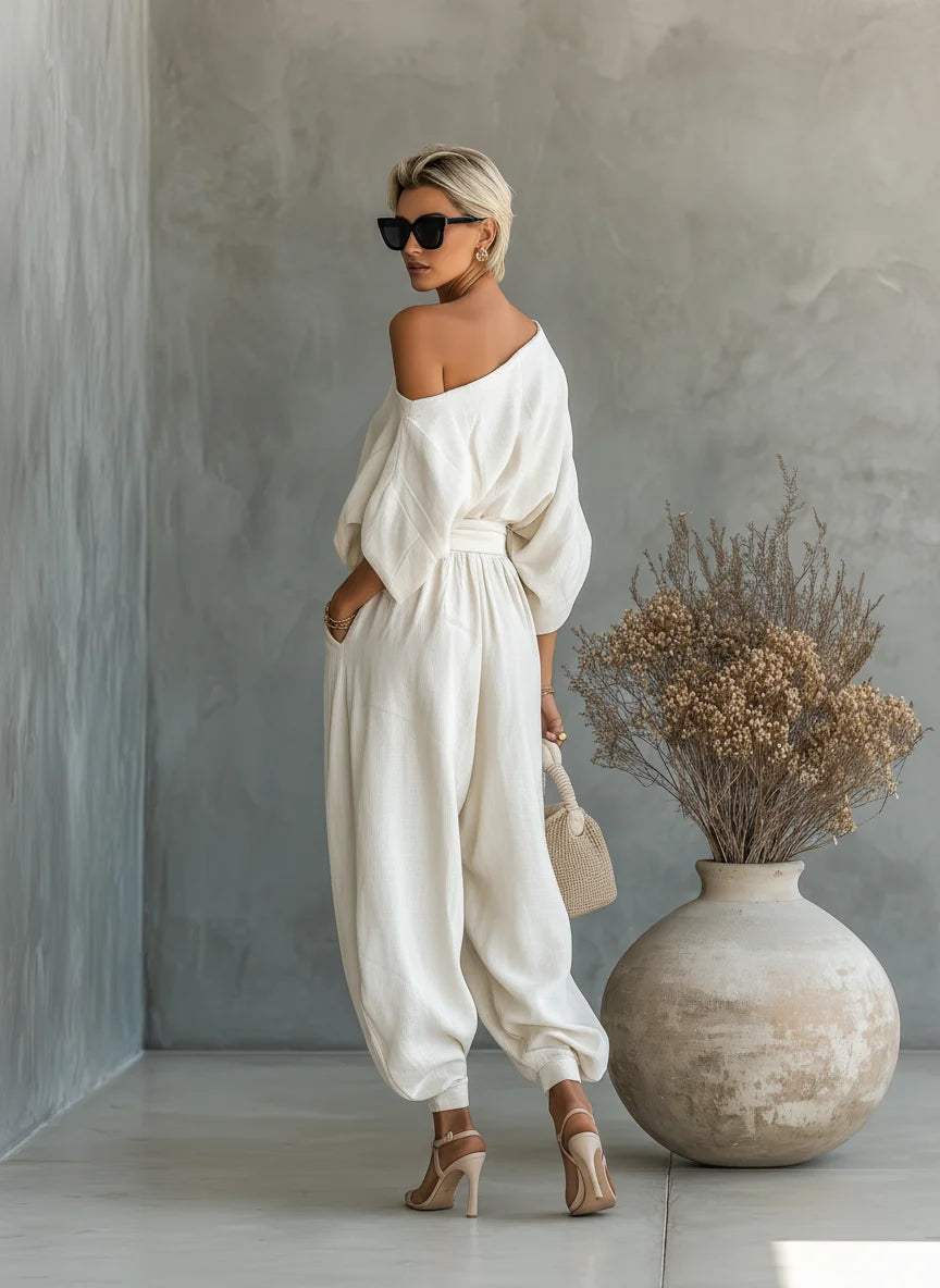 Off White Women's Off-Shoulder Set with Top and Pants — Lottie Belted Relaxed Fit - Back Pose