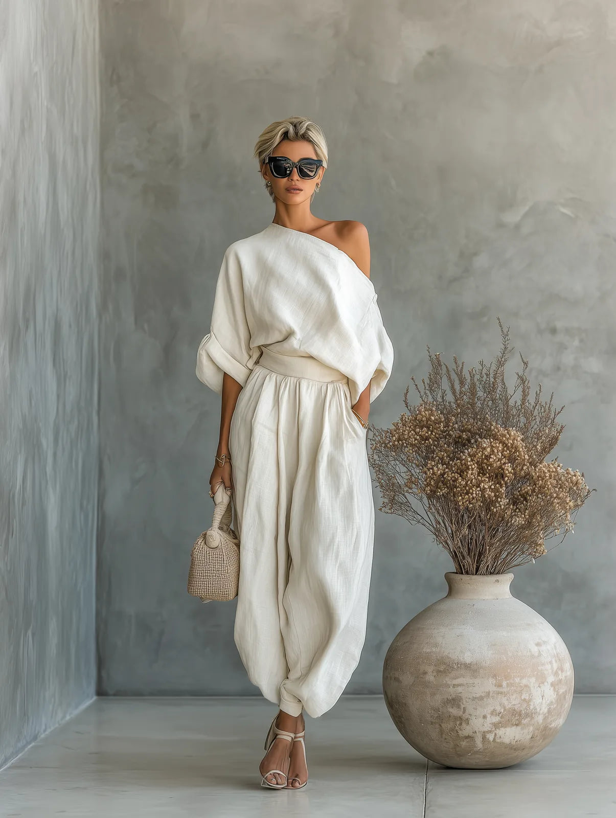 Off White Women's Off-Shoulder Set with Top and Pants — Lottie Belted Relaxed Fit - Front Pose