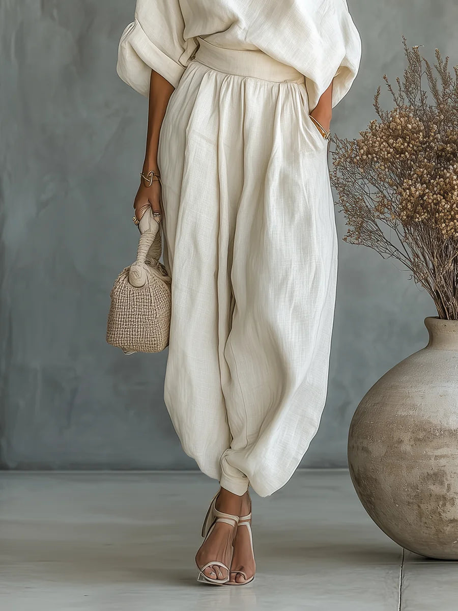 Off White Women's Off-Shoulder Set with Top and Pants — Lottie Belted Relaxed Fit - Pants Detail