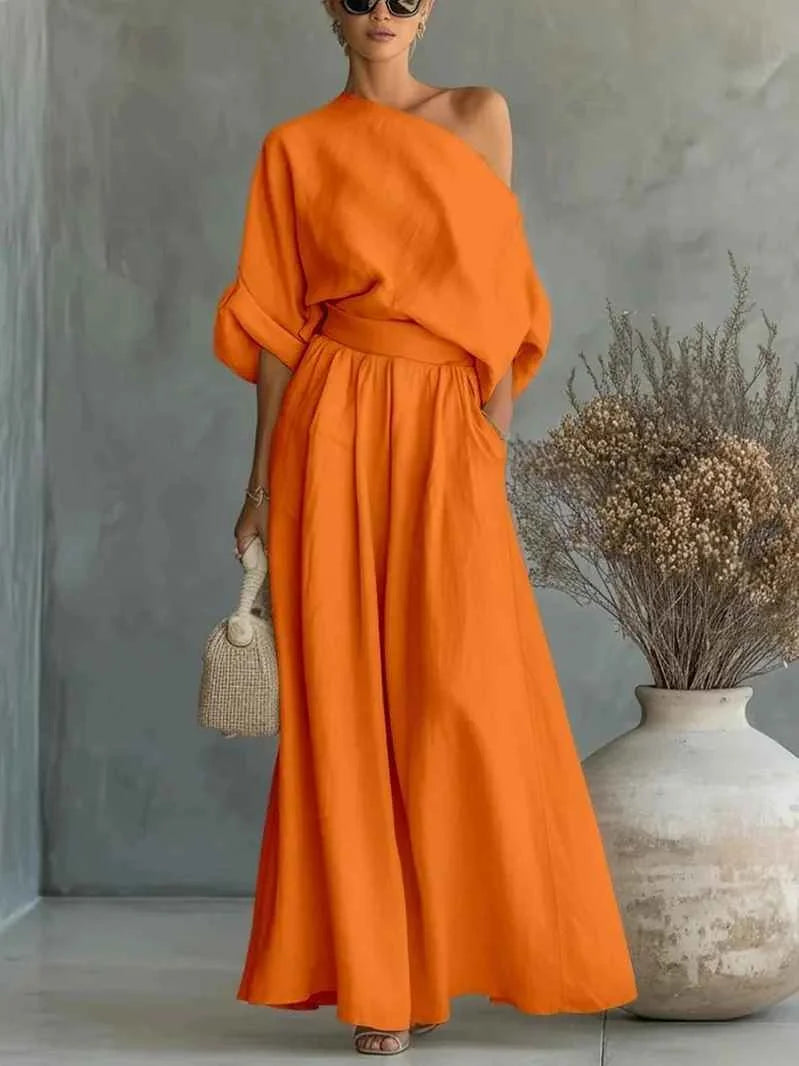 Orange Women's Off-Shoulder Set with Top and Pants — Lottie Belted Relaxed Fit - Front Full