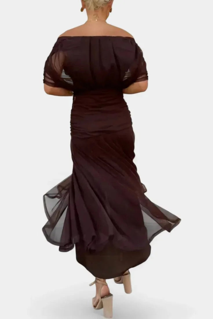 Black Women's Floral Off-Shoulder Wedding Guest Dress — Cosette Tiered Midi Wrap - Back Full