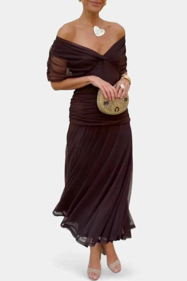 Black Women's Floral Off-Shoulder Wedding Guest Dress — Cosette Tiered Midi Wrap - Front Styled