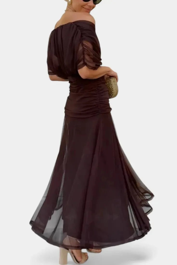 Black Women's Floral Off-Shoulder Wedding Guest Dress — Cosette Tiered Midi Wrap - Side Profile