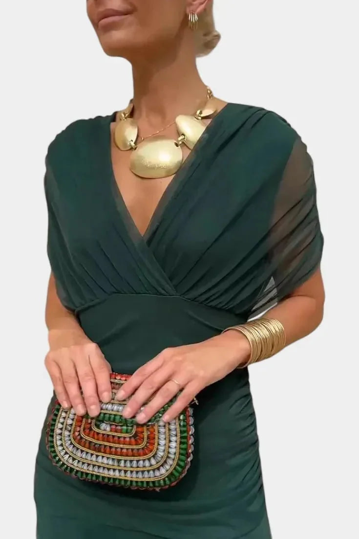 Green Women's Floral Off-Shoulder Wedding Guest Dress — Cosette Tiered Midi Wrap - Close Up Detail