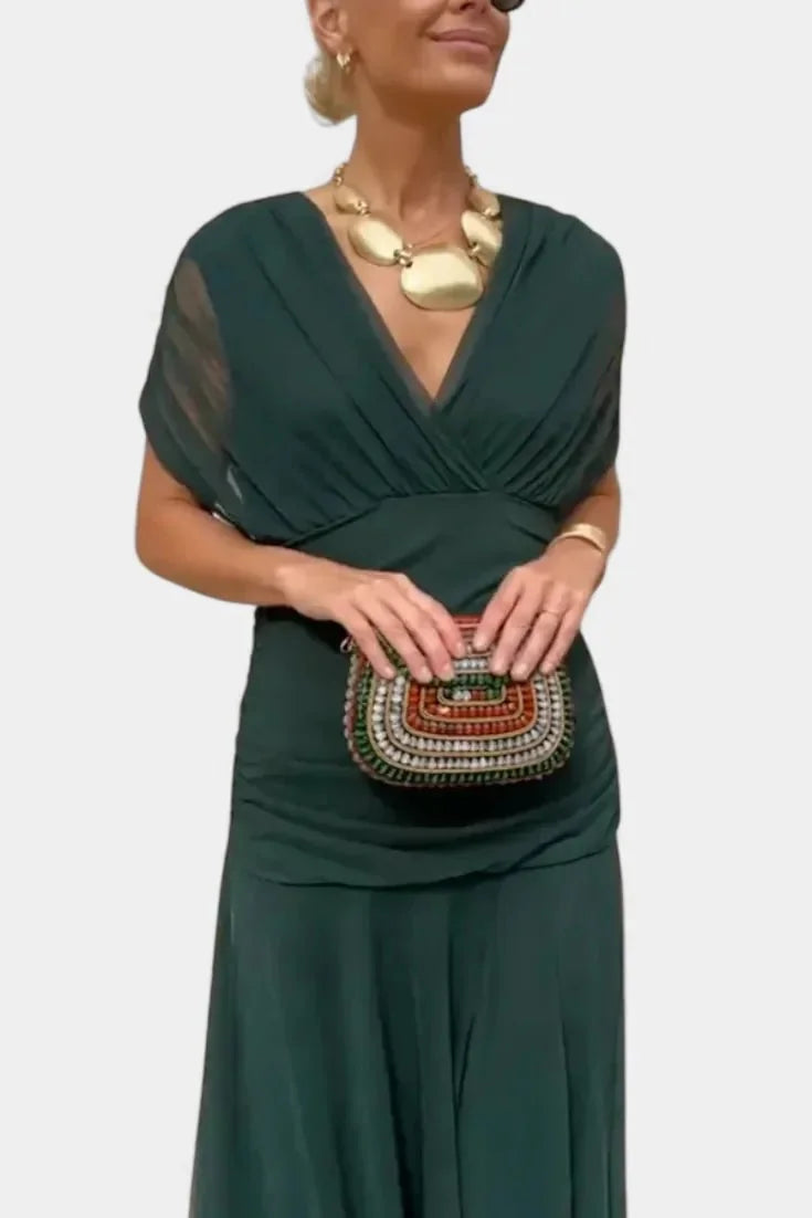 Green Women's Floral Off-Shoulder Wedding Guest Dress — Cosette Tiered Midi Wrap - Front Wrap