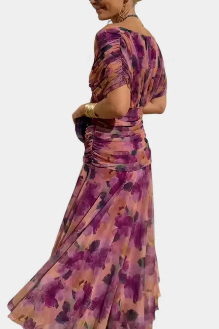 Purple Women's Floral Off-Shoulder Wedding Guest Dress — Cosette Tiered Midi Wrap - Back Pose
