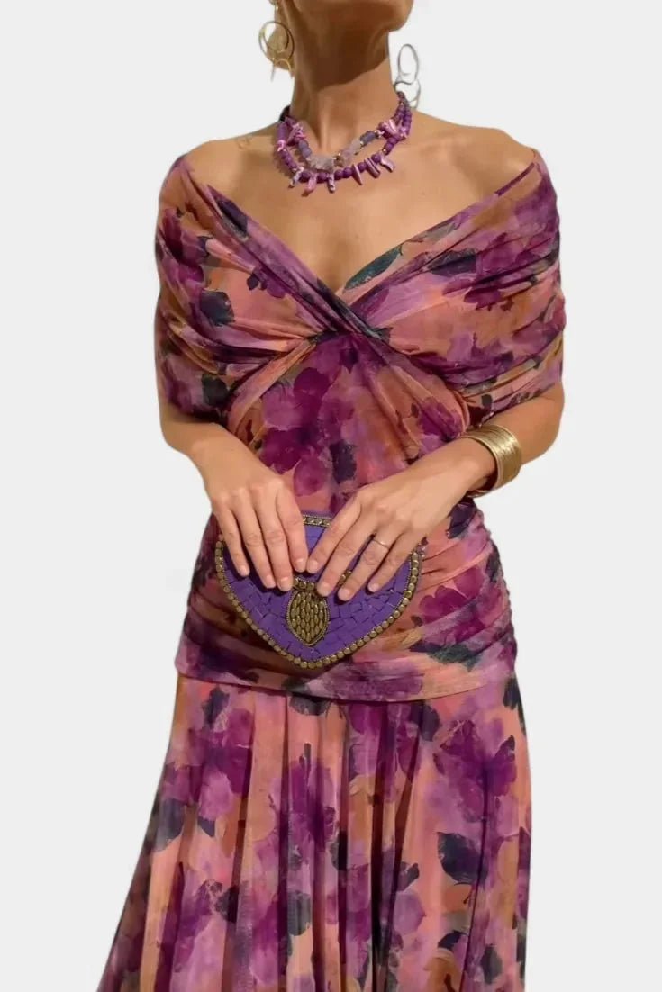 Purple Women's Floral Off-Shoulder Wedding Guest Dress — Cosette Tiered Midi Wrap - Front Full