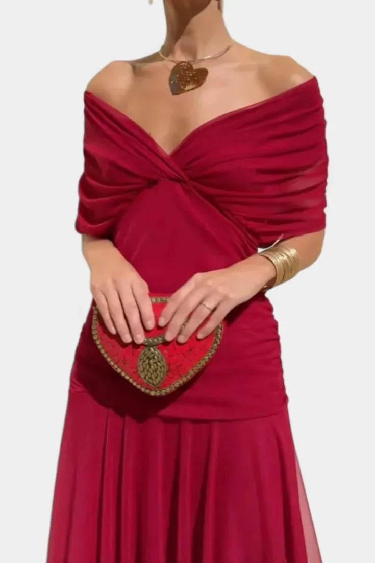 Red Women's Floral Off-Shoulder Wedding Guest Dress — Cosette Tiered Midi Wrap - Front Complete