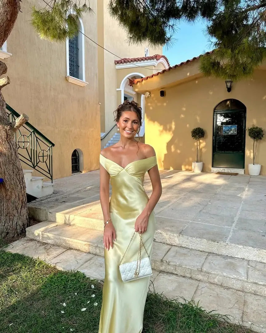 Yellow Women's Off-Shoulder Wedding Guest Dress — Juliet Satin Mermaid Elegant - Outdoor Villa