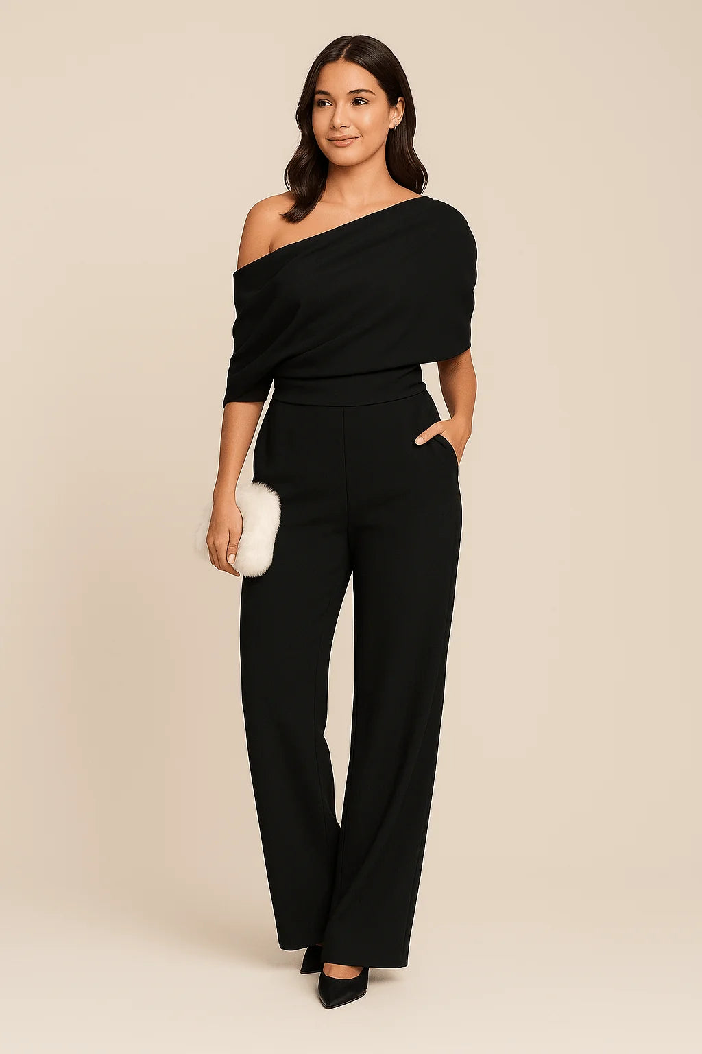 Black Women's Off-Shoulder Summer Jumpsuit — Rita Wide Leg Elegant - Front Pose