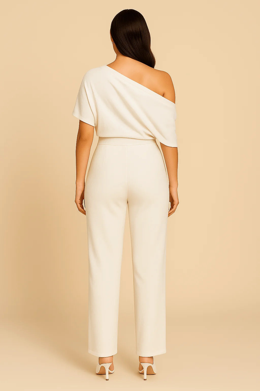 White Women's Off-Shoulder Summer Jumpsuit — Rita Wide Leg Elegant - Back Detail