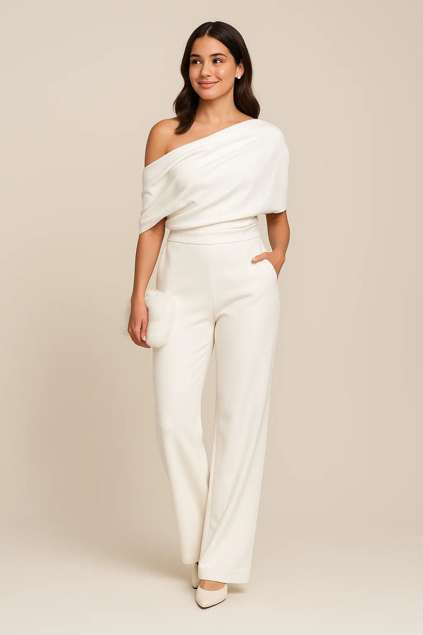 White Women's Off-Shoulder Summer Jumpsuit — Rita Wide Leg Elegant - Front Full
