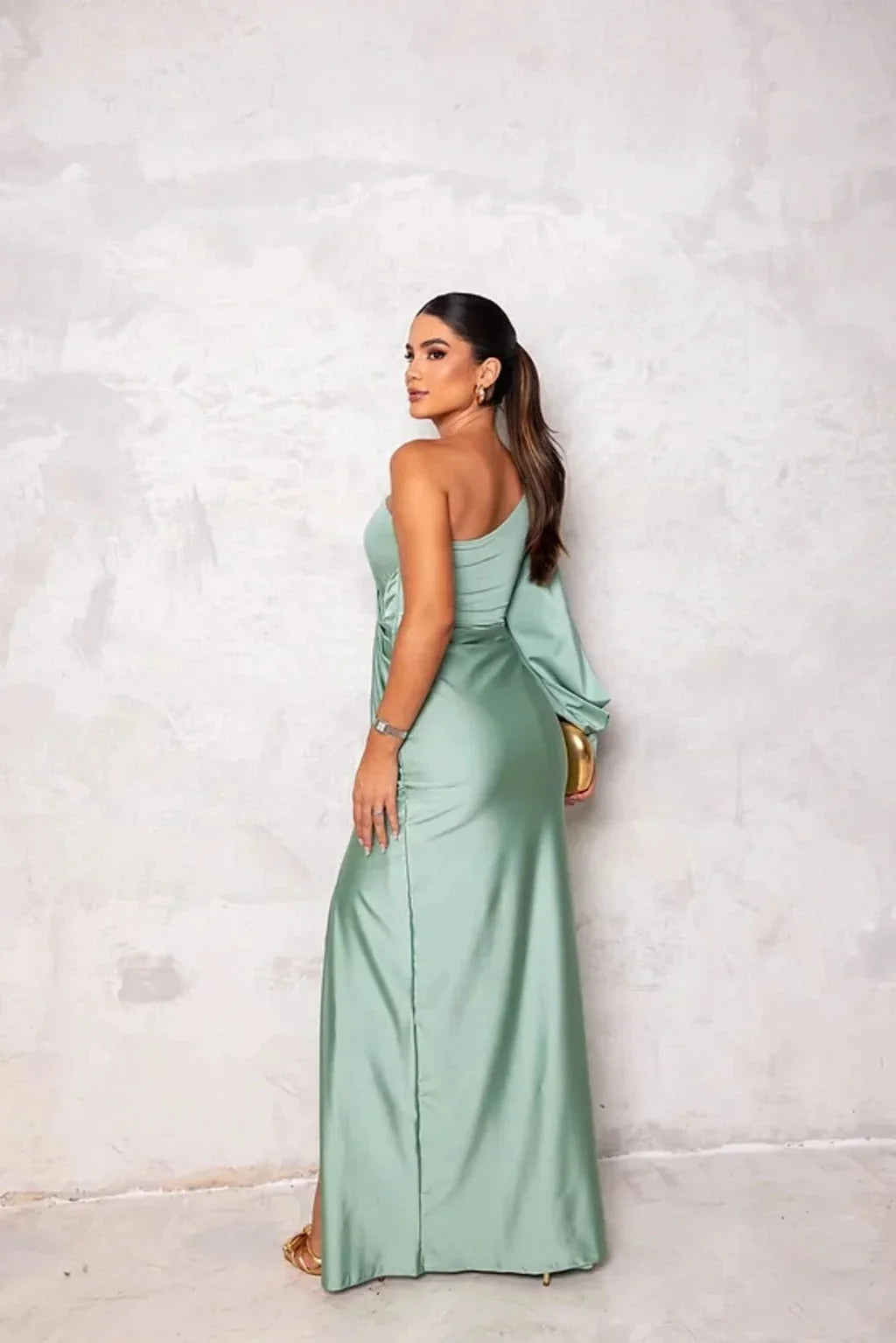 Aqua Women's One Shoulder Drape Maxi Gown — Daphne Asymmetric Sleeve Elegant - Green Back View