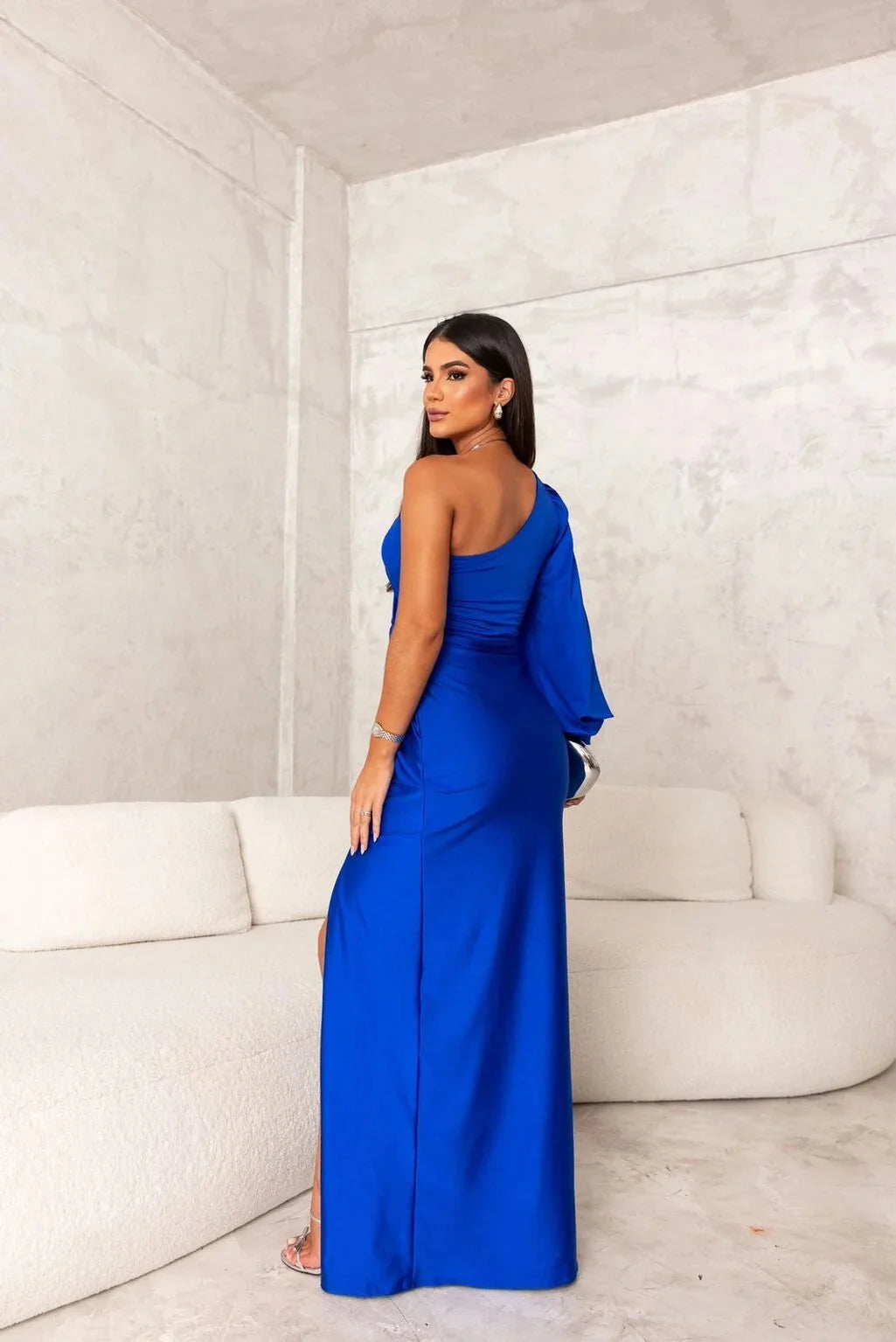 Electric Women's One Shoulder Drape Maxi Gown — Daphne Asymmetric Sleeve Elegant - Blue Back Pose