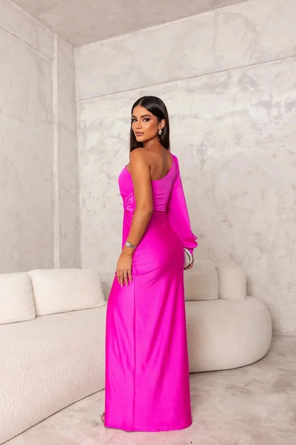 Fuchsia Women's One Shoulder Drape Maxi Gown — Daphne Asymmetric Sleeve Elegant - Indoor Back