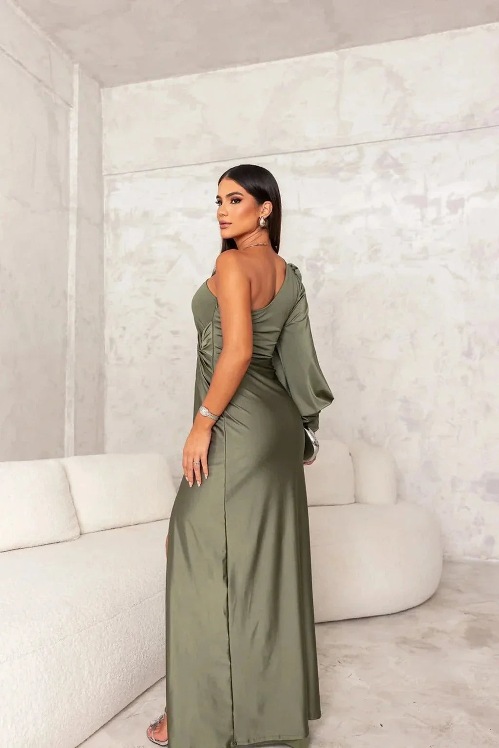 Olive Green Women's One Shoulder Drape Maxi Gown — Daphne Asymmetric Sleeve Elegant - Back Elegance