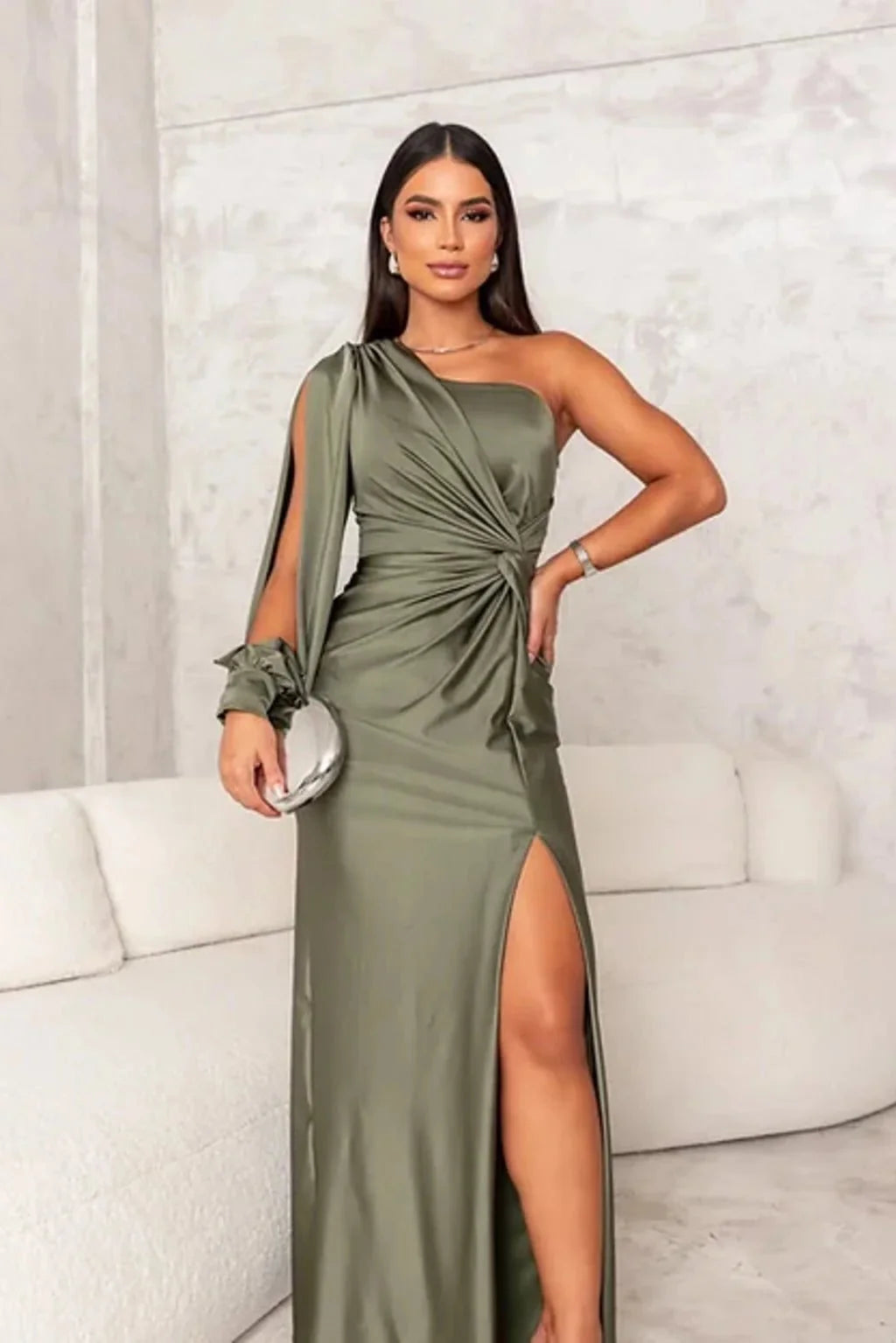 Olive Green Women's One Shoulder Drape Maxi Gown — Daphne Asymmetric Sleeve Elegant - Side Pose