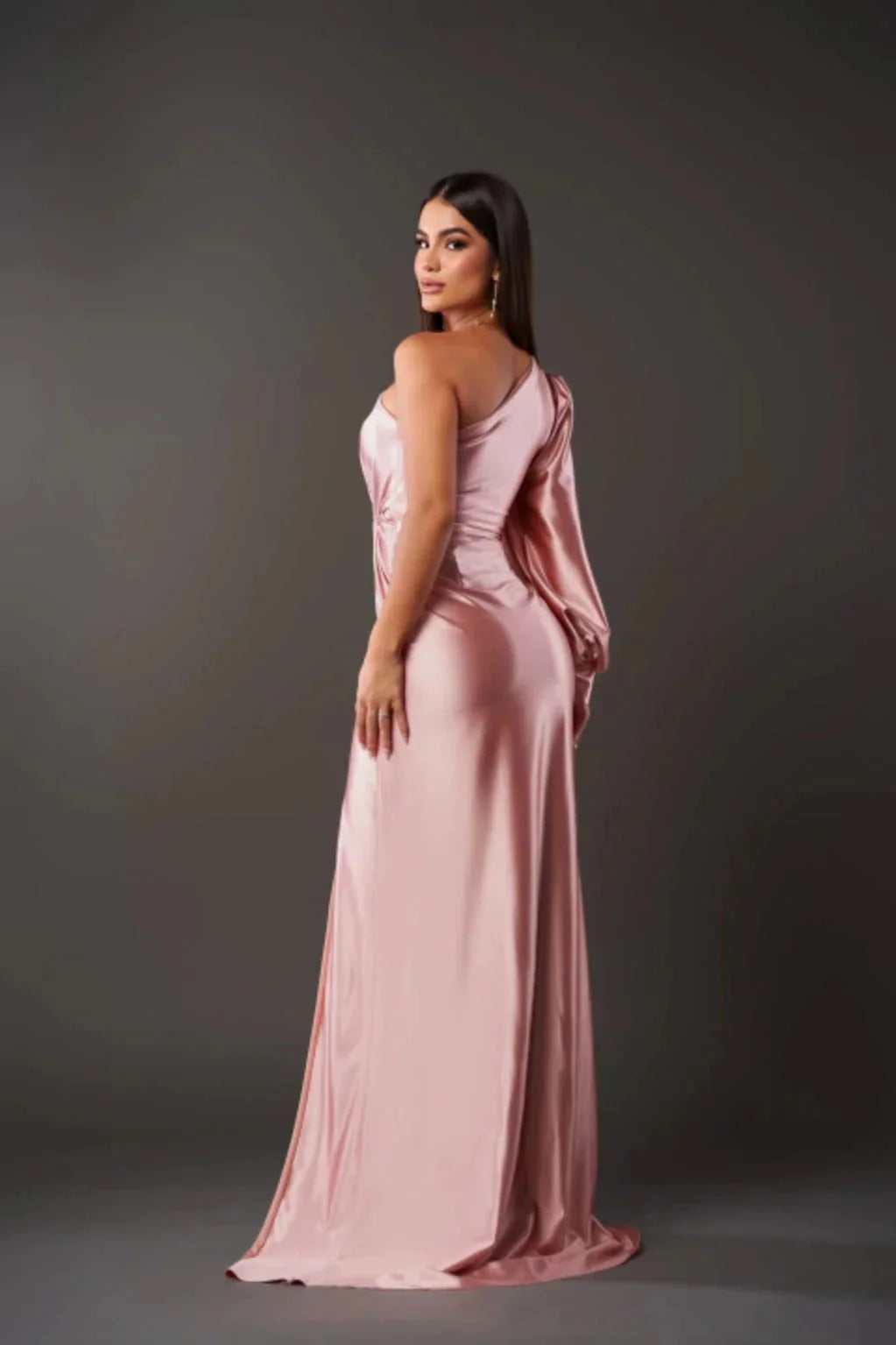 Pink Women's One Shoulder Drape Maxi Gown — Daphne Asymmetric Sleeve Elegant - Back Glamour
