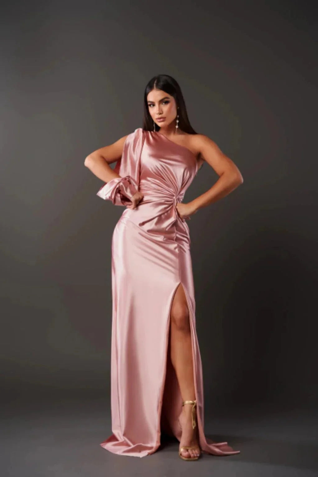Pink Women's One Shoulder Drape Maxi Gown — Daphne Asymmetric Sleeve Elegant - Front Glamour