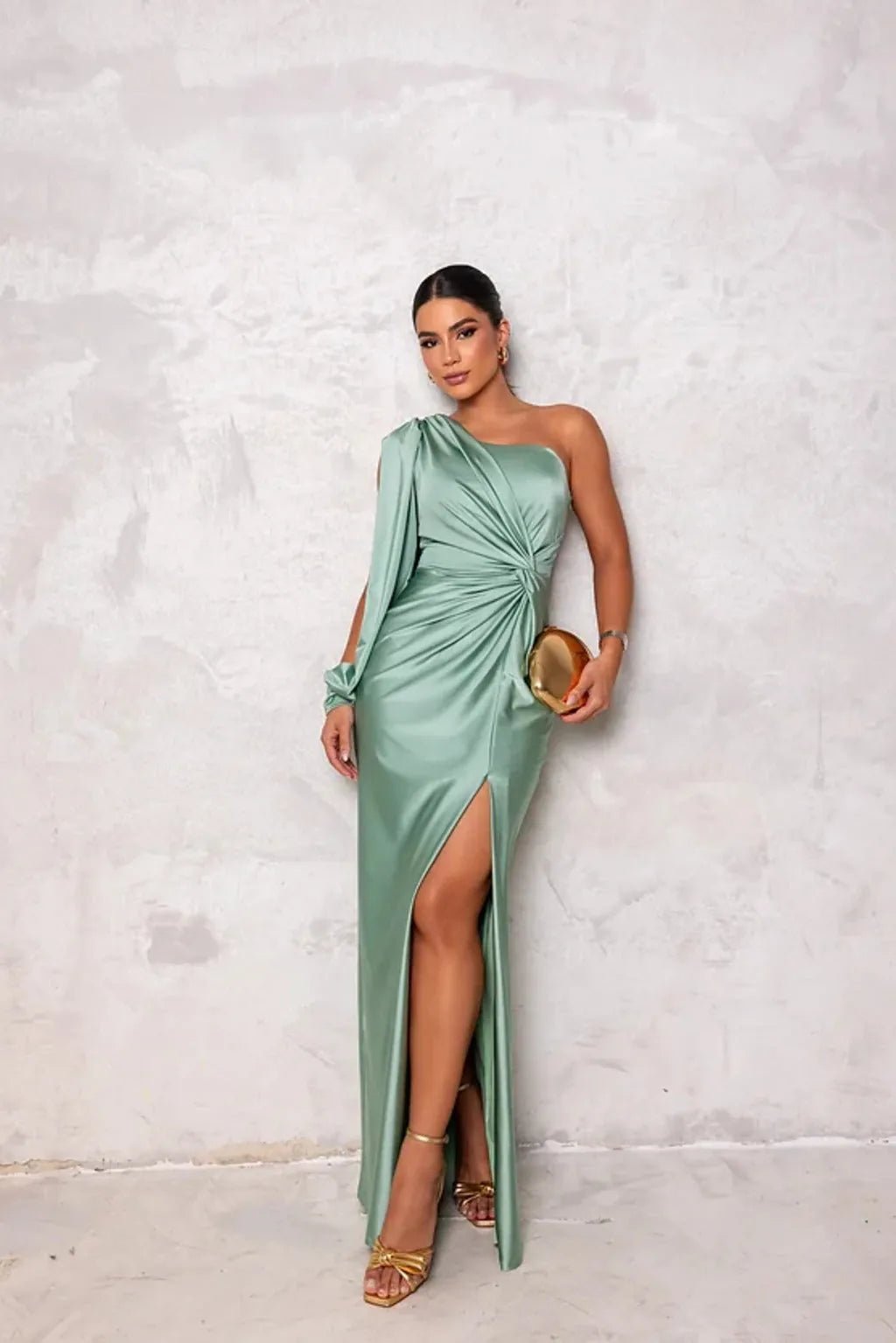 Violet | Elegant One Shoulder Maxi Wedding Guest Dress - Sage - 2