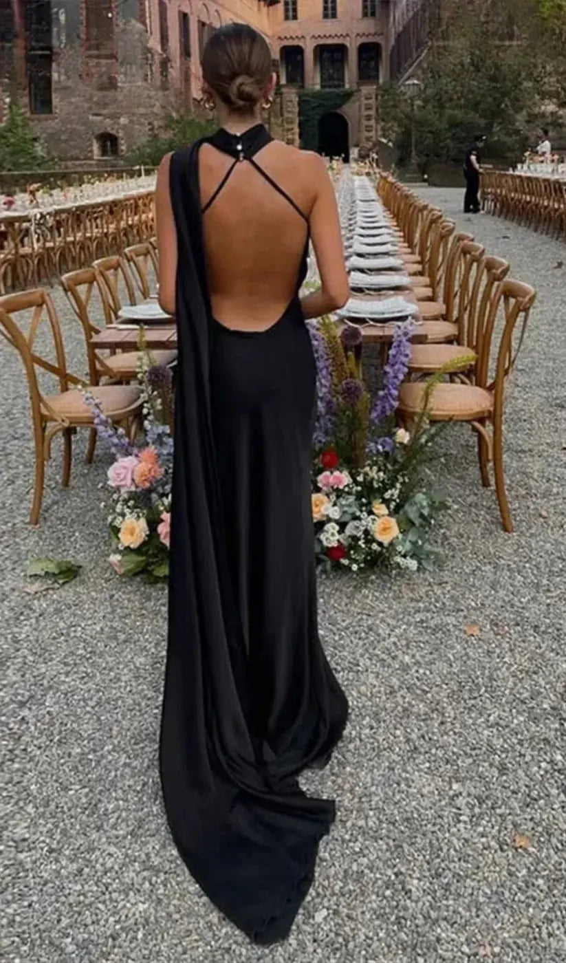 Black Women's One Shoulder Draped Maxi Dress — Coraline Halter Formal Gown - Back Full