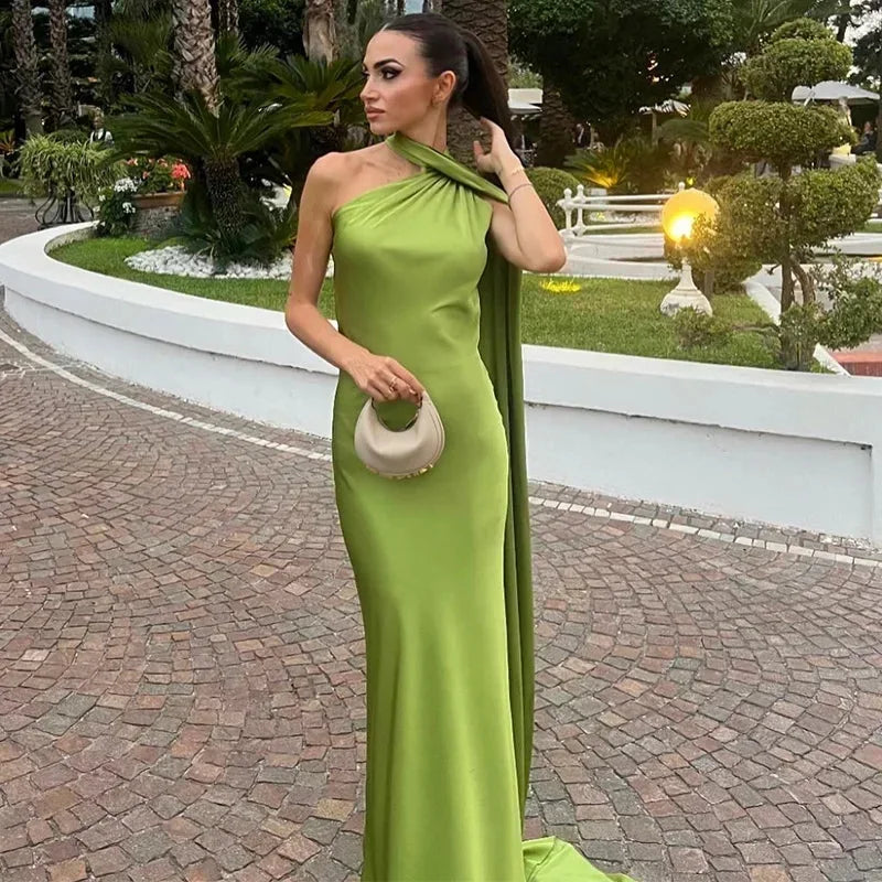 Green Women's One Shoulder Draped Maxi Dress — Coraline Halter Formal Gown - Outdoor Pose