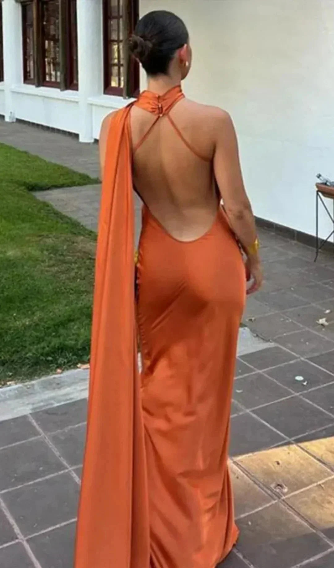 Orange Women's One Shoulder Draped Maxi Dress — Coraline Halter Formal Gown - Back Drape