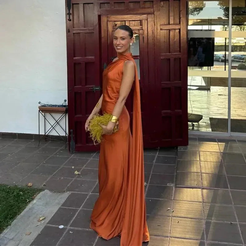 Orange Women's One Shoulder Draped Maxi Dress — Coraline Halter Formal Gown - Side Full