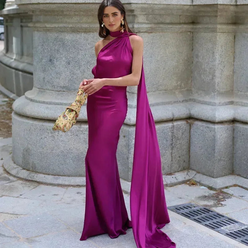 Purple Women's One Shoulder Draped Maxi Dress — Coraline Halter Formal Gown - Side Pose
