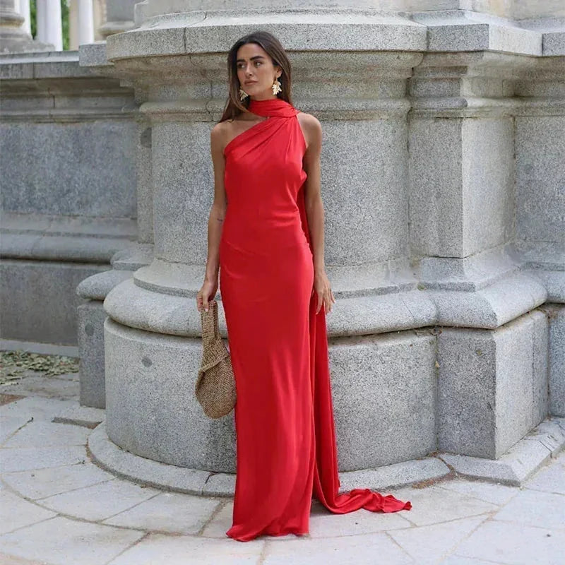Red Women's One Shoulder Draped Maxi Dress — Coraline Halter Formal Gown - Formal Pose